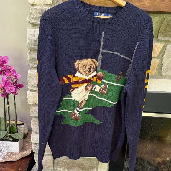 Polo by Ralph Lauren Navy Sweater with Football Bear Rugby - Picture 1 of 11